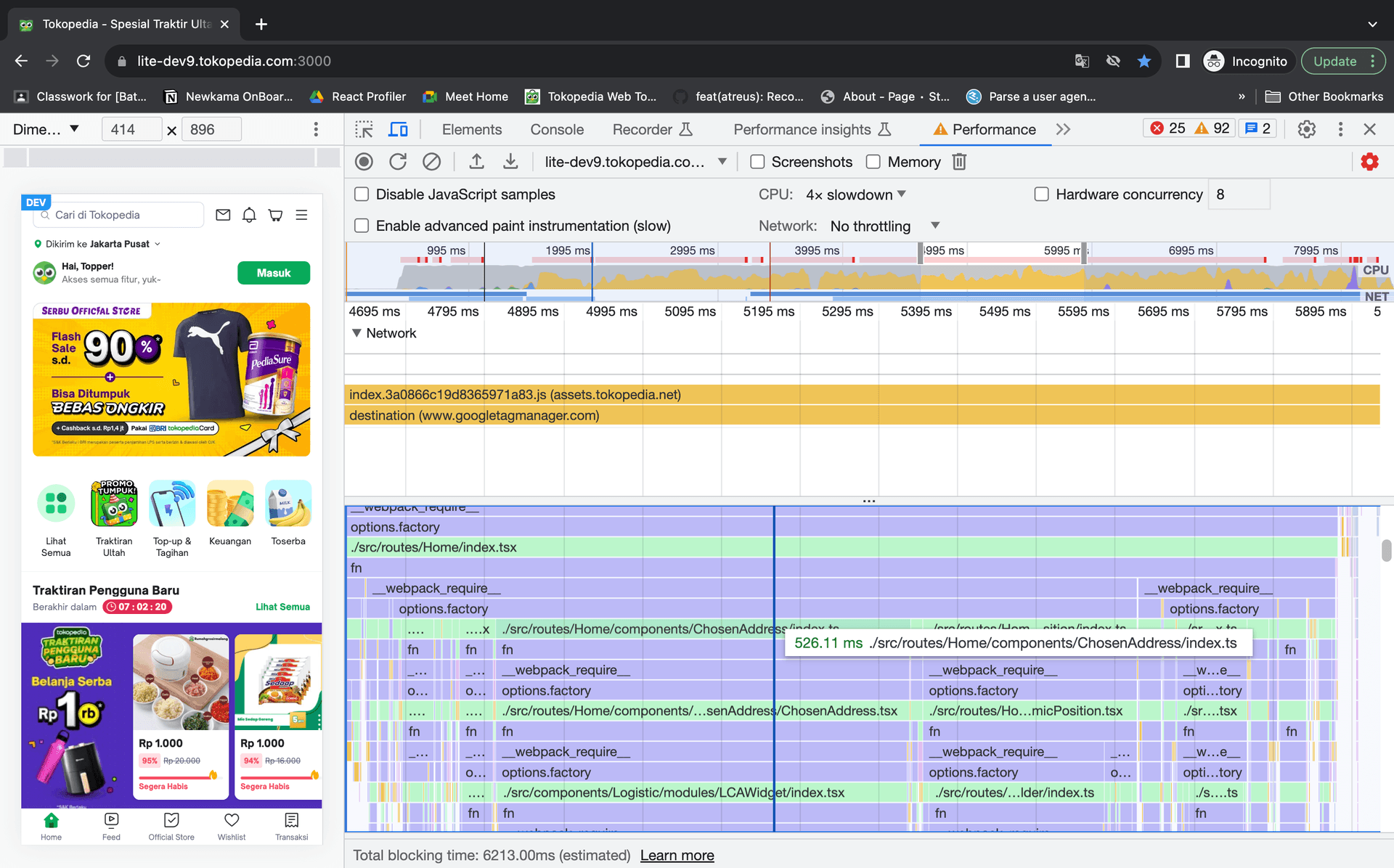 Hydration performance before optimization - Chosen Address widget contributed 526ms