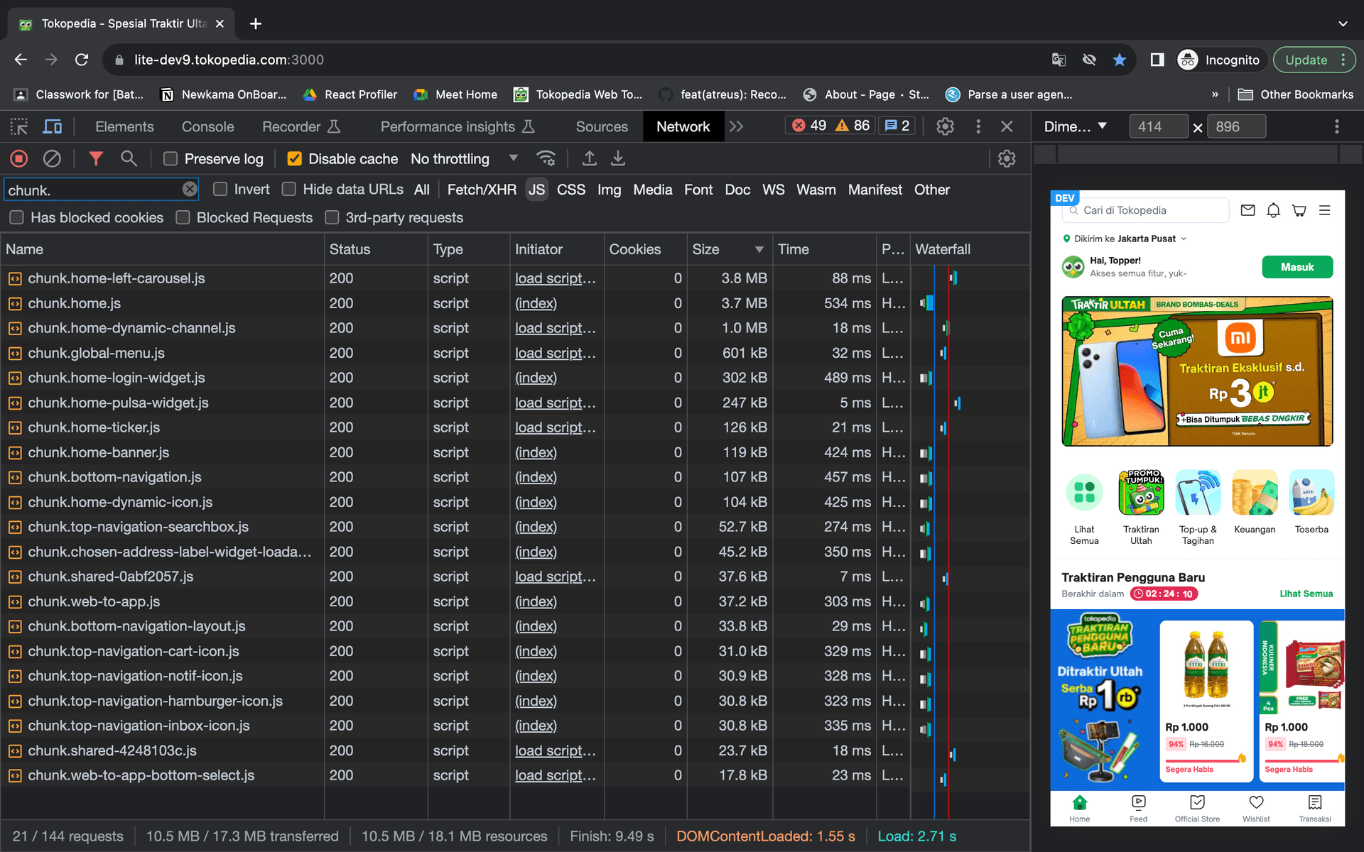 Left Carousel chunk analysis showing 3.8MB size